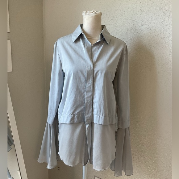 Silvia Tcherassi Grey Blue Silk Blend Button Down Bell Sleeve Top Size 0 - Picture 5 of 11